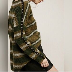 Free People Olive and Cream Striped Sweater